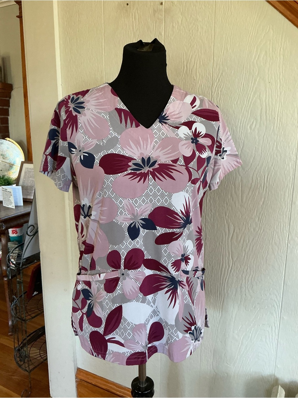 Floral V-Neck Women's Top in Pink and Burgundy